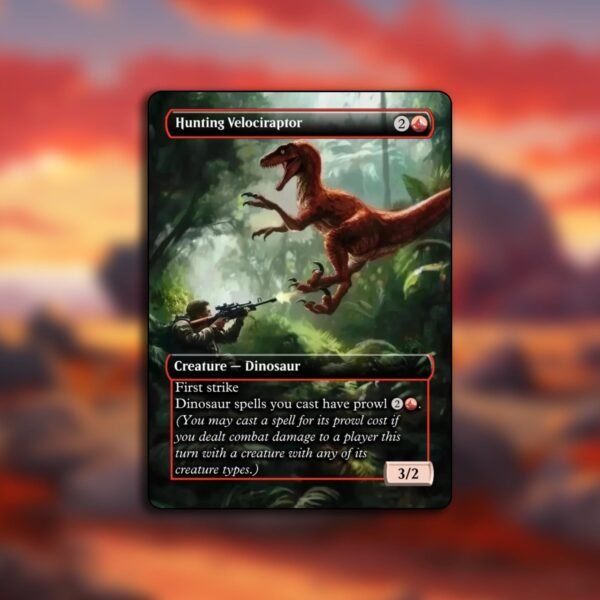 Hunting Velociraptor MTG Proxy - Borderless Custom Art Game Cards for Commander - MTG Proxy Hunting Velociraptor MTG Dinosaur Proxies